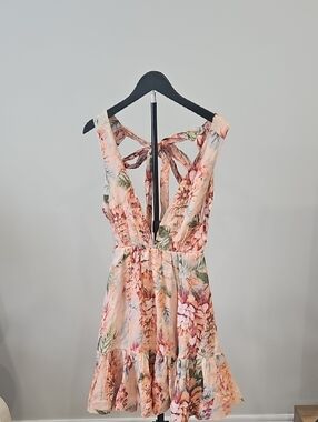 Zimmermann Peach Floral Mini Dress with Tie-Back
